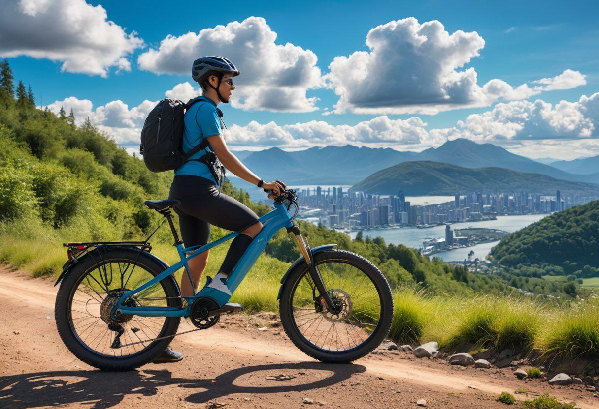A modern electric bike standing on a scenic, sunlit mountain trail surrounded by lush greenery. A smiling rider in sleek cycling gear adjusting the bike, with a toolkit spread out beside them. Background includes a blue sky with fluffy clouds and a distant city skyline. super-realistic. vibrant colors. detailed.