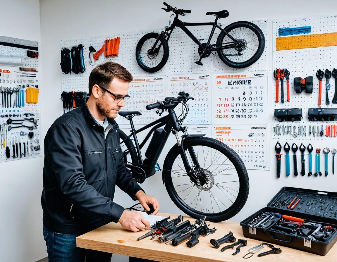 An e-bike enthusiast wearing repair gloves, fine-tuning a sleek black e-bike against a bright, organized workshop backdrop. Tools like wrenches, screwdrivers, and lubricants are neatly arranged on a pegboard. The background features a calendar with maintenance schedules. Light streaming in from a window highlights the bike parts. super-realistic. vibrant colors. white background.